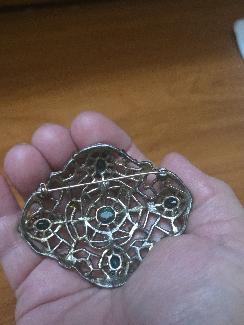 Vintage Czech Brass Filigree Brooch with Teal and Green Stones - Picture 4 of 8